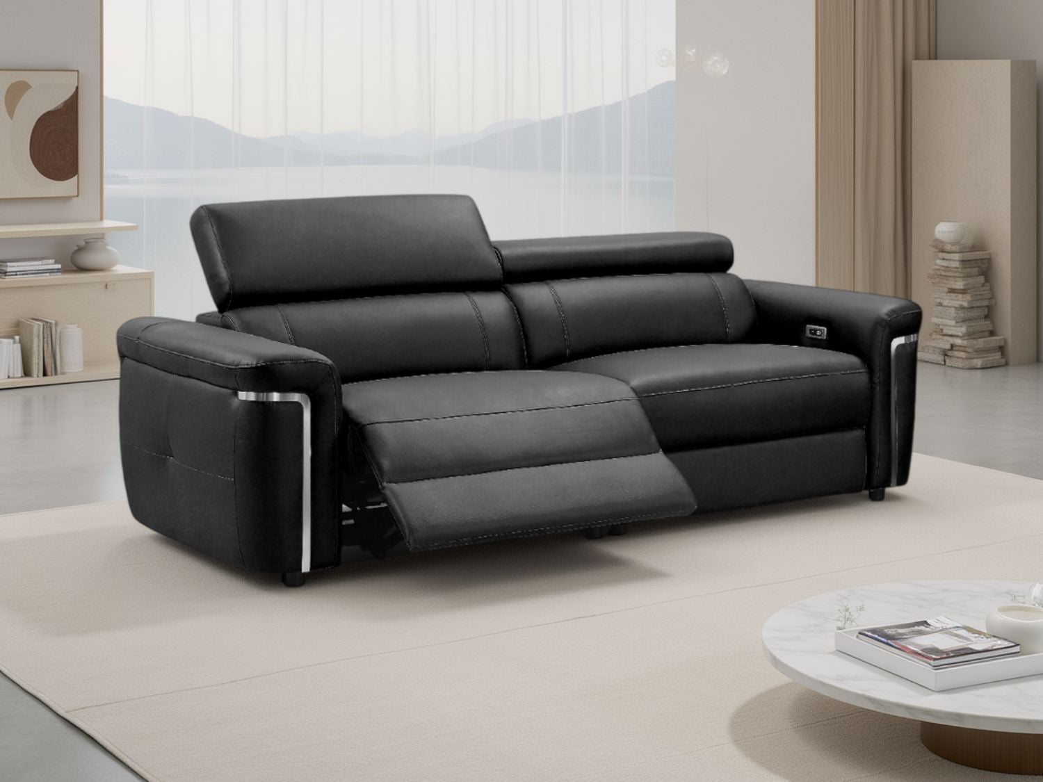 Black Leather 3 Seater Electric Recliner Sofa Chrome Trimmed